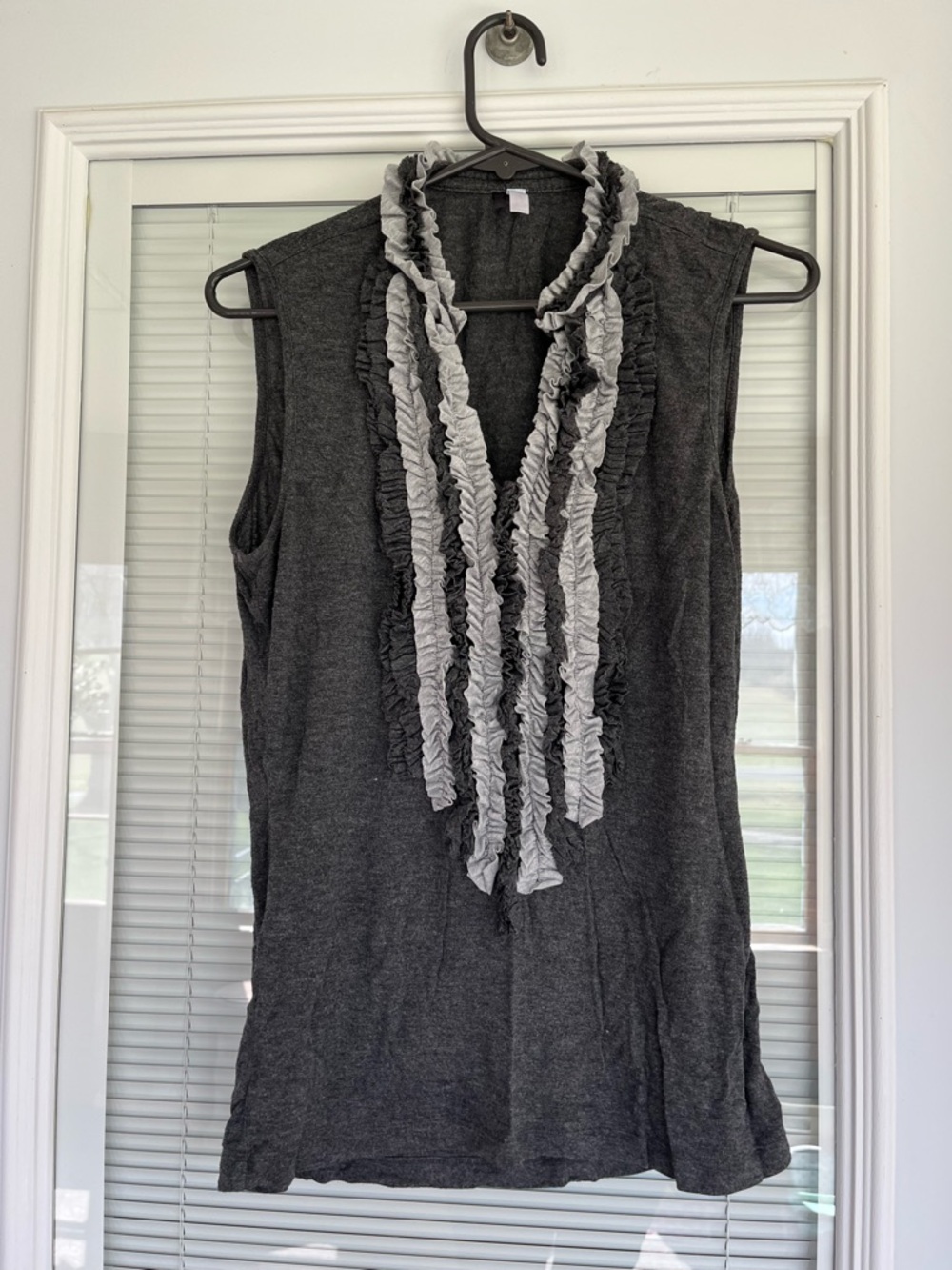Sleeveless Charcoal Ruffle Front Top with Light Gray Accents